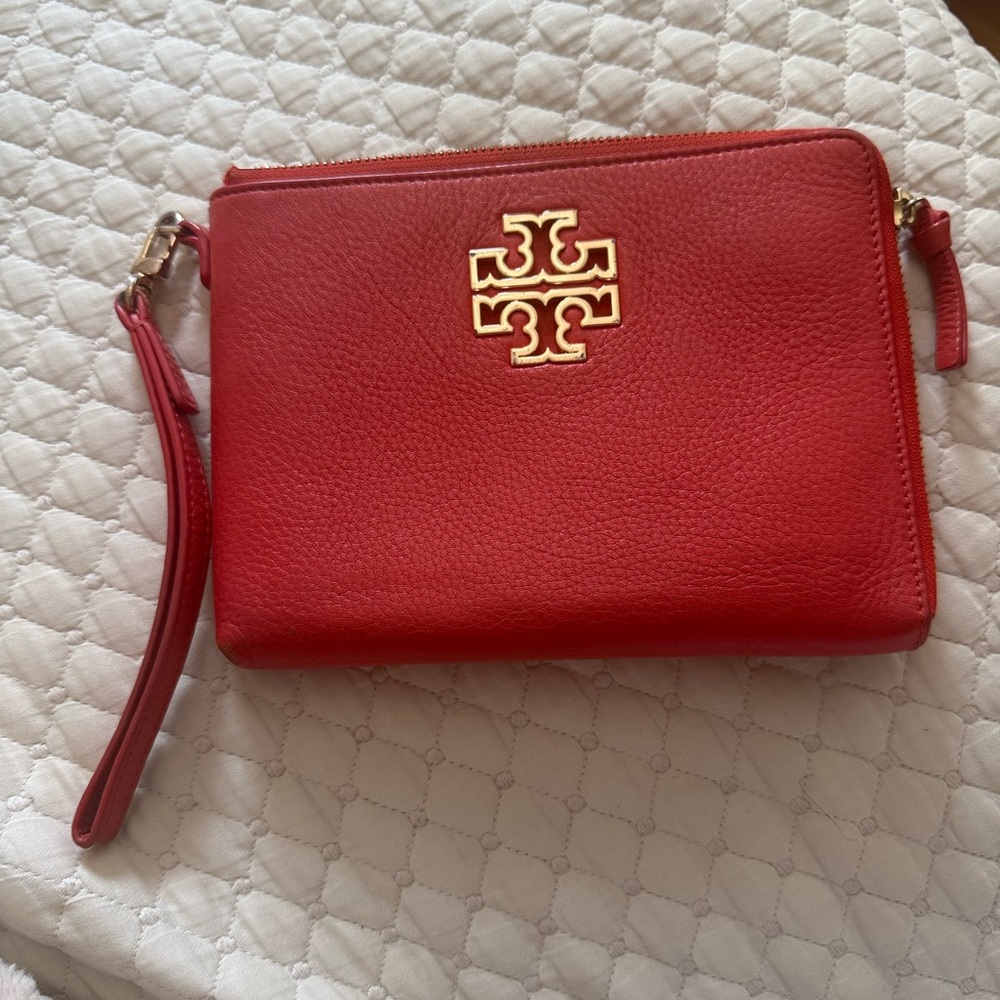 Tory Burch Bold Red britten Wristlet with Gold Logo